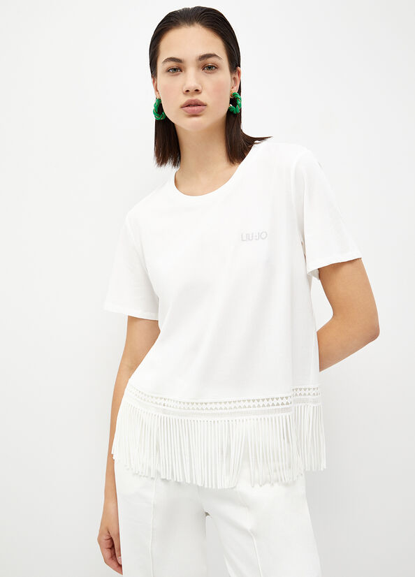 T Shirts Liu Jo With Fringes Femme Blanche | XPI-795321