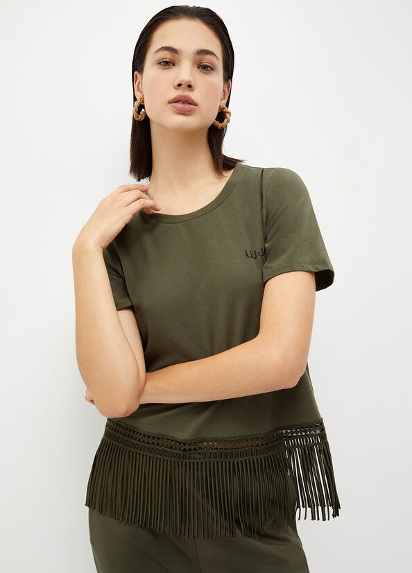 T Shirts Liu Jo With Fringes Femme Vert Olive | WEK-419280