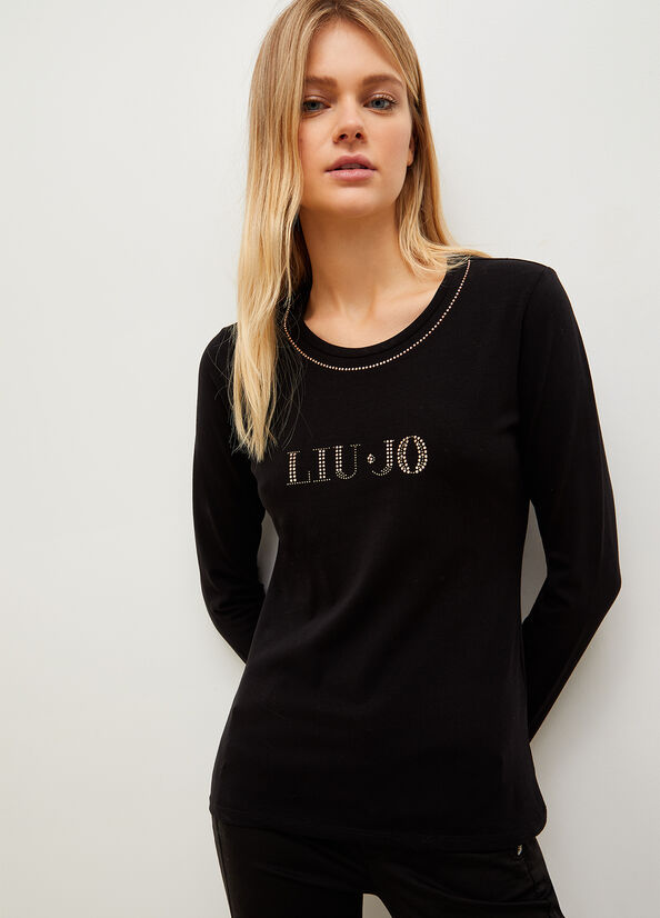 T Shirts Liu Jo With Logo And Gemstones Femme Noir | AUX-628904