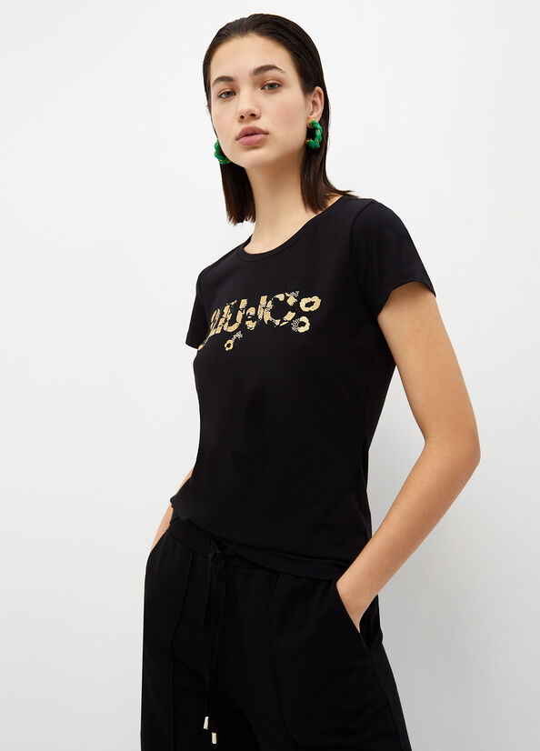 T Shirts Liu Jo With Logo And Gemstones Femme Noir | LDY-504829