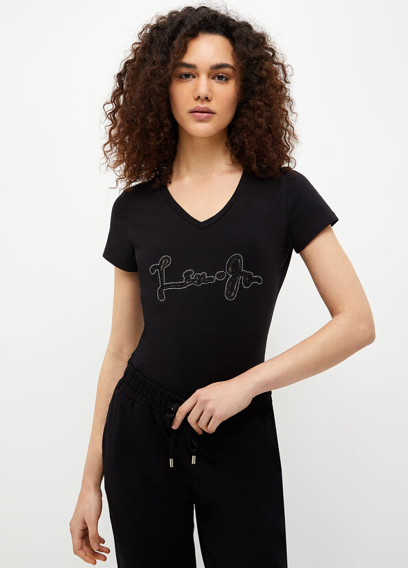 T Shirts Liu Jo With Logo And Gemstones Femme Noir | RGT-176095