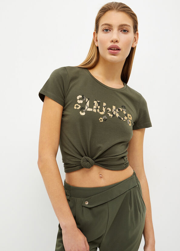 T Shirts Liu Jo With Logo And Gemstones Femme Vert Olive | RJA-809145