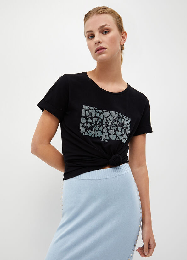 T Shirts Liu Jo With Rhinestones Femme Noir | YSJ-427615