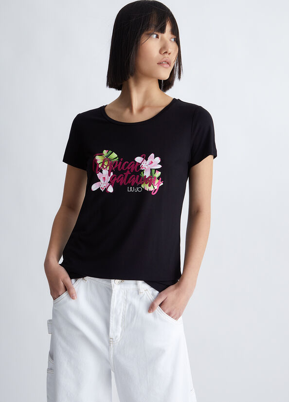 T Shirts Liu Jo With Tropical Print Femme Noir | DFZ-435290