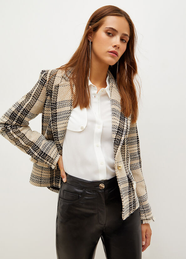 Vestes Liu Jo Blazer In Woven Check Bouclé Femme Beige | KMF-130542