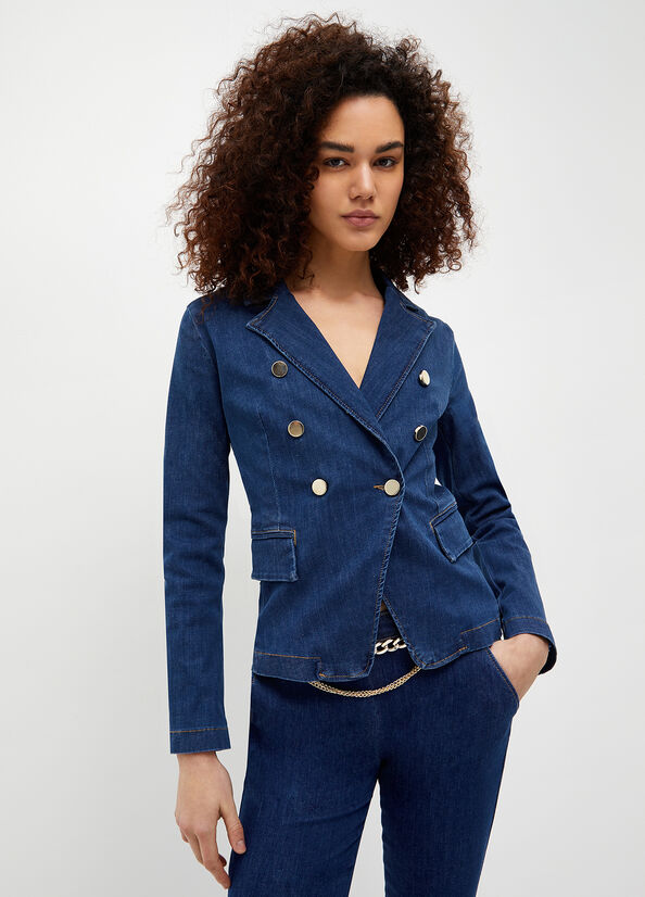 Vestes Liu Jo Double-Breasted Denim Blazer Femme Bleu | RMN-427150